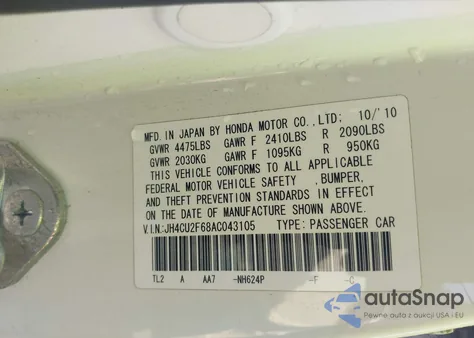 2010 Acura Tsx 2.4 z USA, uszkodzony, nr VIN JH4CU2F68AC043105